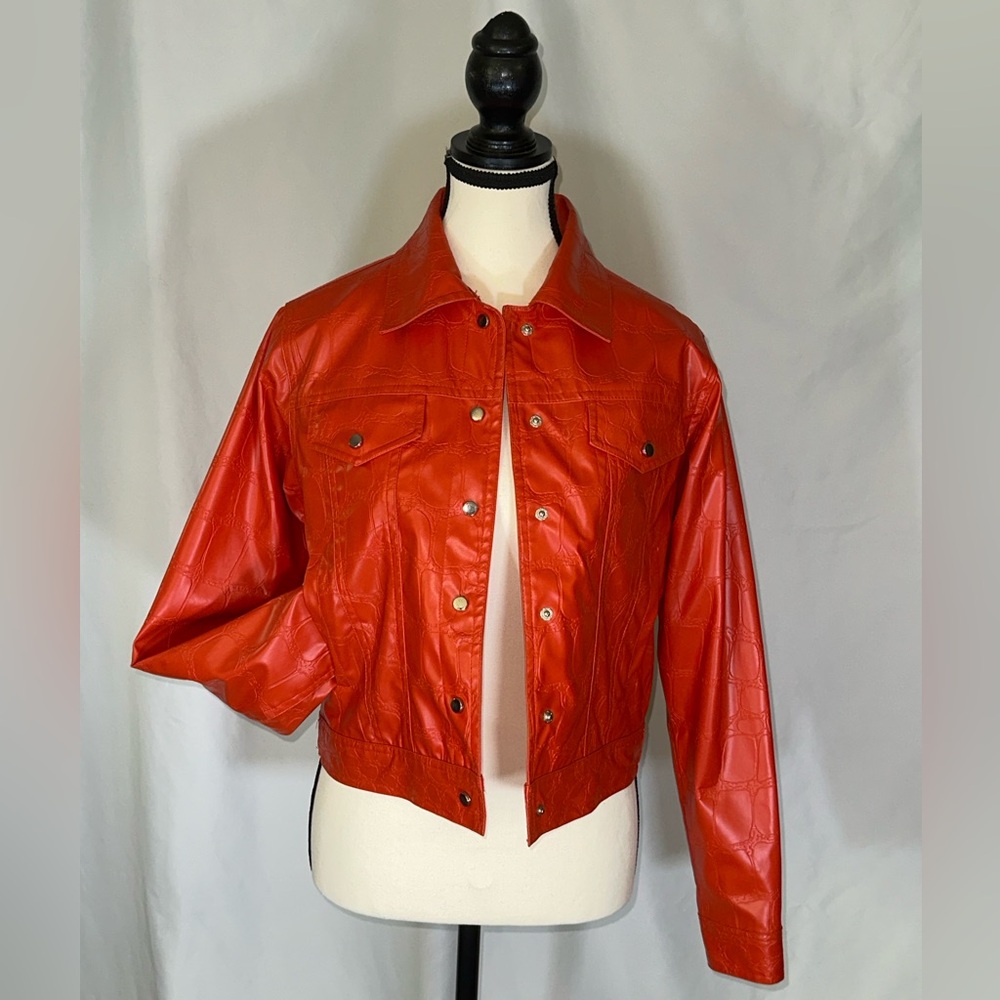 l.e.i. • Vintage Y2K Deadstock Croc Pleather Bright Orange Vegan Jacket Size S